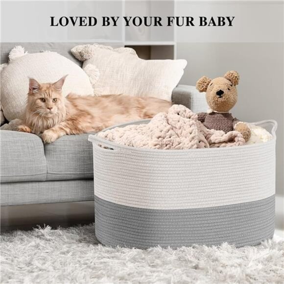 Blanket Basket Living Room - 22" x 22" x 14" Cotton Rope Baskets for Storage - Picture 6 of 7